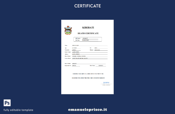 certificato di morte del certificato di stato civile di Kiribati in stile verifi